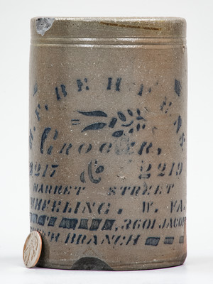 Wheeling, W. VA Stoneware Stenciled Canning Jar w/ Elaborate Advertising