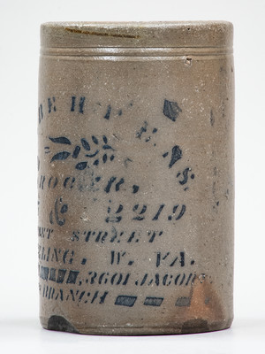 Wheeling, W. VA Stoneware Stenciled Canning Jar w/ Elaborate Advertising