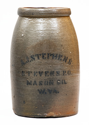 Very Rare A. J. STEPHENS / STEVENS P.O. / MASON CO., W. VA Stoneware Stenciled Canning Jar
