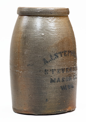 Very Rare A. J. STEPHENS / STEVENS P.O. / MASON CO., W. VA Stoneware Stenciled Canning Jar