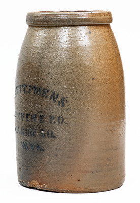 Very Rare A. J. STEPHENS / STEVENS P.O. / MASON CO., W. VA Stoneware Stenciled Canning Jar