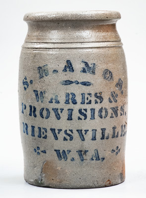 Exceptional RIEVSVILLE, W. VA Misspelled Stoneware Stenciled Advertising Jar