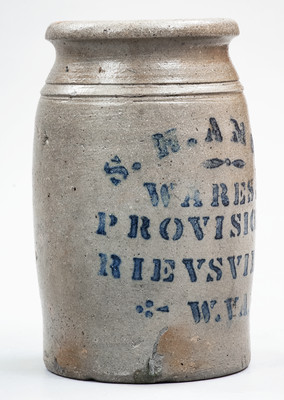 Exceptional RIEVSVILLE, W. VA Misspelled Stoneware Stenciled Advertising Jar