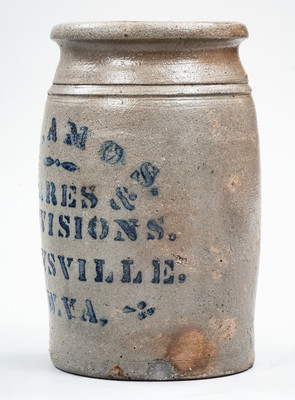 Exceptional RIEVSVILLE, W. VA Misspelled Stoneware Stenciled Advertising Jar