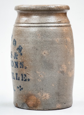 Exceptional RIEVSVILLE, W. VA Misspelled Stoneware Stenciled Advertising Jar