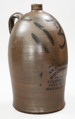 3 Gal. WHEELING, W. VA Stoneware Advertising Jug, probably Palatine, West Virginia