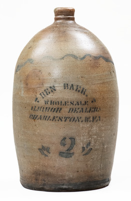 2 Gal. BEN BAER / CHARLESTON, W. VA Stoneware Stenciled Advertising Jug