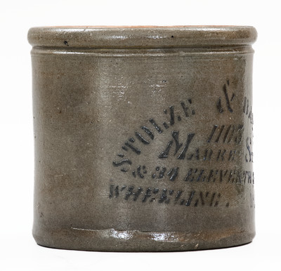 Small WHEELING, W. VA Stenciled Stoneware Advertising Butter Crock
