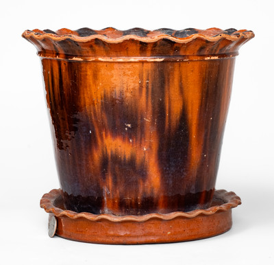 Large-Sized Manganese-Decorated PA Redware Flowerpot w/ Saucer, 19th century