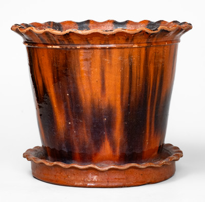 Large-Sized Manganese-Decorated PA Redware Flowerpot w/ Saucer, 19th century