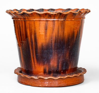 Large-Sized Manganese-Decorated PA Redware Flowerpot w/ Saucer, 19th century