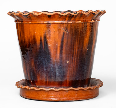 Large-Sized Manganese-Decorated PA Redware Flowerpot w/ Saucer, 19th century