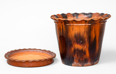 Large-Sized Manganese-Decorated PA Redware Flowerpot w/ Saucer, 19th century