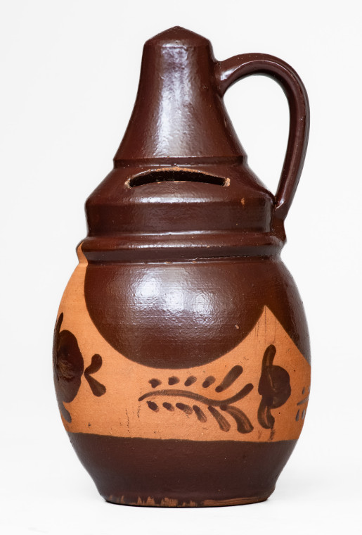 Extremely Rare Handled Tanware Bank, New Geneva or Greensboro, PA origin, circa 1885.