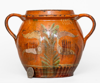 Rare Southeastern PA Redware Jar w/ Three-Color-Slip Bird and Floral Motifs, early 19th century.