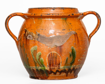 Rare Southeastern PA Redware Jar w/ Three-Color-Slip Bird and Floral Motifs, early 19th century.