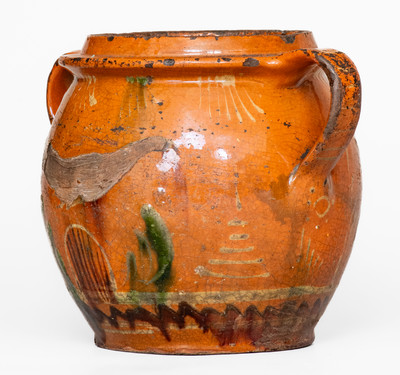 Rare Southeastern PA Redware Jar w/ Three-Color-Slip Bird and Floral Motifs, early 19th century.