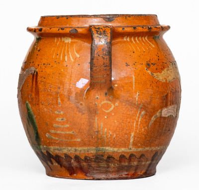 Rare Southeastern PA Redware Jar w/ Three-Color-Slip Bird and Floral Motifs, early 19th century.