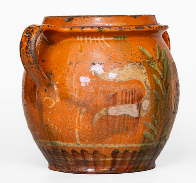 Rare Southeastern PA Redware Jar w/ Three-Color-Slip Bird and Floral Motifs, early 19th century.