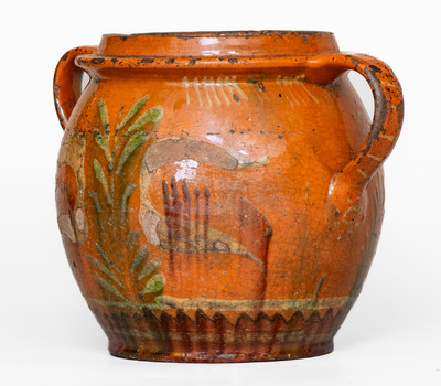 Rare Southeastern PA Redware Jar w/ Three-Color-Slip Bird and Floral Motifs, early 19th century.