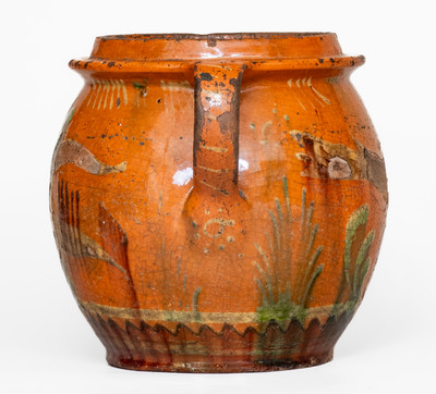Rare Southeastern PA Redware Jar w/ Three-Color-Slip Bird and Floral Motifs, early 19th century.