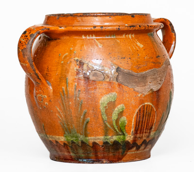 Rare Southeastern PA Redware Jar w/ Three-Color-Slip Bird and Floral Motifs, early 19th century.