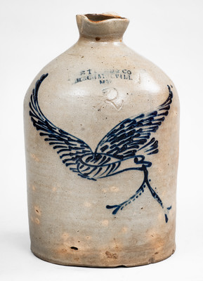 Outstanding MECHANICVILLE, NY Stoneware Advertising Syrup Jug w/ Flying Eagle and Banner Motif