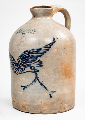 Outstanding MECHANICVILLE, NY Stoneware Advertising Syrup Jug w/ Flying Eagle and Banner Motif