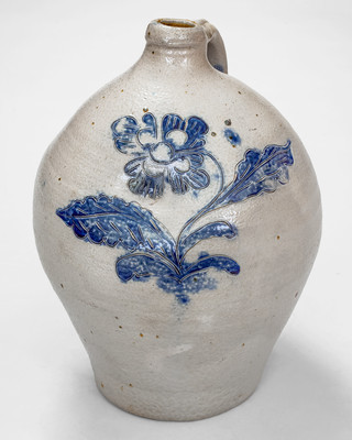 Fine Ovoid Stoneware Jug w/ Elaborate Incised Floral Decoration attrib. George Lent, Troy, NY, c1820