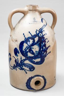 6 Gal. SATTERLEE & MORY / FT. EDWARD, N Y Stoneware Cooler w/ Elaborate Cobalt Floral Decoration