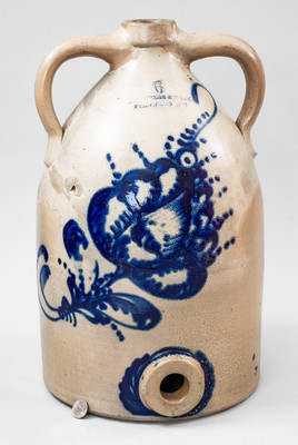 6 Gal. SATTERLEE & MORY / FT. EDWARD, N Y Stoneware Cooler w/ Elaborate Cobalt Floral Decoration