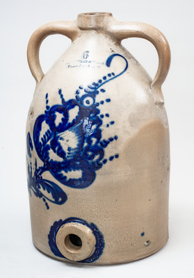 6 Gal. SATTERLEE & MORY / FT. EDWARD, N Y Stoneware Cooler w/ Elaborate Cobalt Floral Decoration