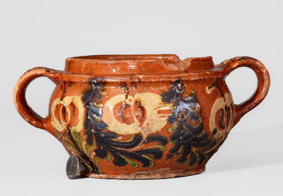 Southeastern PA Redware Sugar Bowl w/ Elaborate Three-Color-Slip Decoration