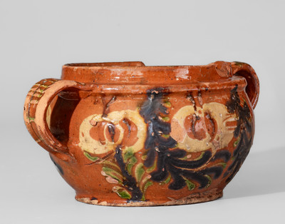 Southeastern PA Redware Sugar Bowl w/ Elaborate Three-Color-Slip Decoration