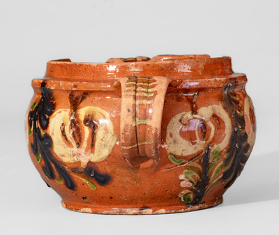 Southeastern PA Redware Sugar Bowl w/ Elaborate Three-Color-Slip Decoration