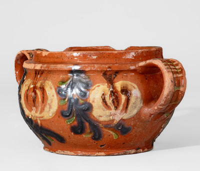 Southeastern PA Redware Sugar Bowl w/ Elaborate Three-Color-Slip Decoration