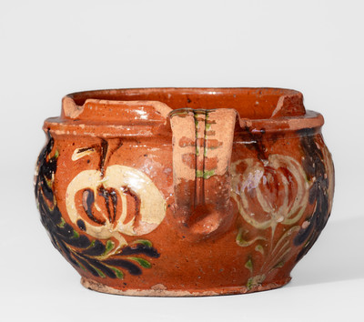 Southeastern PA Redware Sugar Bowl w/ Elaborate Three-Color-Slip Decoration