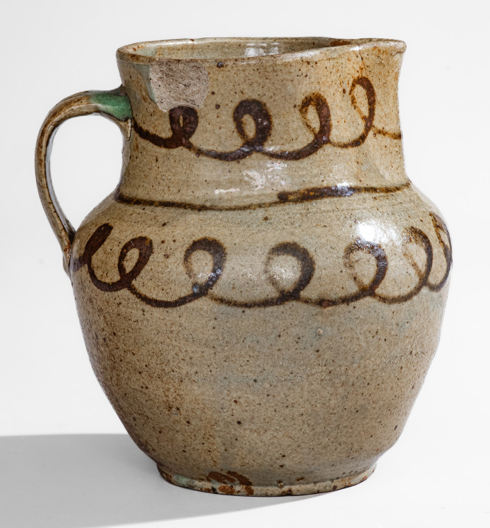 Scarce Small-Sized Edgefield, SC Stoneware Pitcher with Iron Slip Decoration att. Thomas Chandler