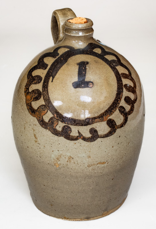Fine One-Gallon Alkaline-Glazed Stoneware Jug with Bold Iron Slip Decoration, attributed to the Trapp and Chandler Pottery, Reverend John Trapp and Thomas Chandler, Edgefield District, SC, circa 1848-1850.
