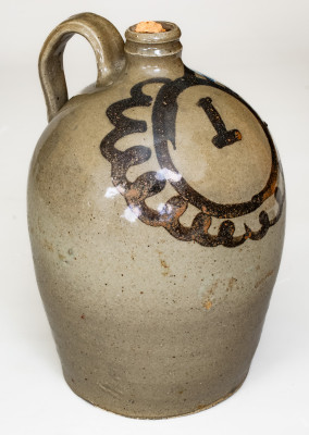 Fine One-Gallon Alkaline-Glazed Stoneware Jug with Bold Iron Slip Decoration, attributed to the Trapp and Chandler Pottery, Reverend John Trapp and Thomas Chandler, Edgefield District, SC, circa 1848-1850.