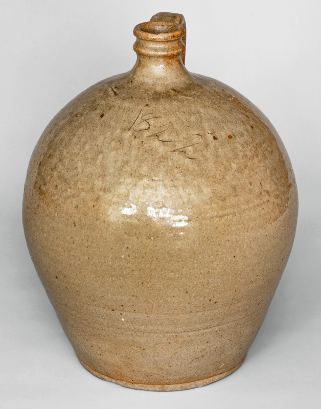 Exceedingly Rare and Important Two-Gallon Alkaline-Glazed Stoneware Dated Jug, Inscribed 