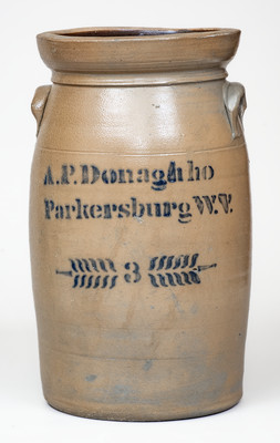3 Gal. A. P. DONAGHHO / PARKERSBURG, W. V. Stoneware Churn