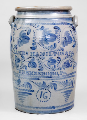 Outstanding JAS. HAMILTON & CO. / GREENSBORO, PA Stoneware Jar w/ Profuse Freehand Decoration