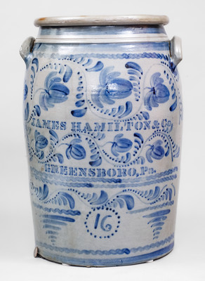 Outstanding JAS. HAMILTON & CO. / GREENSBORO, PA Stoneware Jar w/ Profuse Freehand Decoration