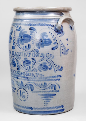 Outstanding JAS. HAMILTON & CO. / GREENSBORO, PA Stoneware Jar w/ Profuse Freehand Decoration