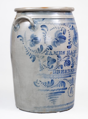Outstanding JAS. HAMILTON & CO. / GREENSBORO, PA Stoneware Jar w/ Profuse Freehand Decoration