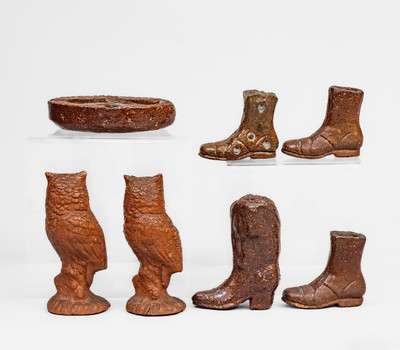 Lot of Seven: Ohio Sewer Tile incl. Ashtray, Owls, and Boots