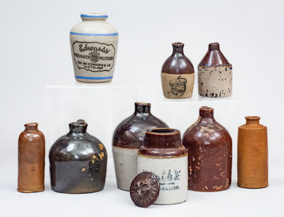 Lot of Nine: Miniature Stoneware incl. Horseradish and Mustard Jars