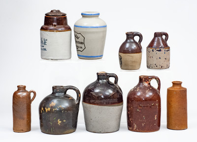 Lot of Nine: Miniature Stoneware incl. Horseradish and Mustard Jars