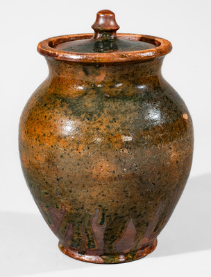 Rare Greene County, Tennessee Lidded Redware Jar w/ Copper Glaze, c1820-60